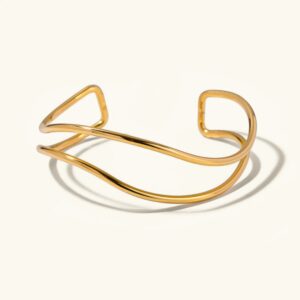 18K gold open cuff bracelet with twisted double-wire design, flat lay top view on white background, minimalist polished finish