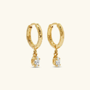 18K gold hammered diamond drop hoop earrings flat lay front view showcasing textured gold hoops with sparkling cubic zirconia marquise pendants