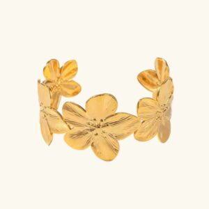 18K gold floral cuff bangle with 3D embossed petal design, adjustable open band bracelet, front view on white background