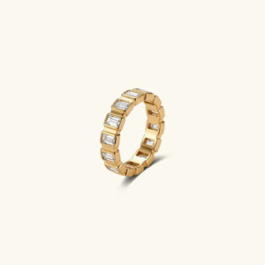18K gold baguette diamond eternity ring flat lay front view with full stone setting