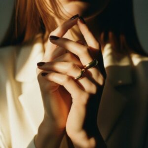 stacked 18K gold wave rings worn on woman's hand with dark nail polish indoor ambient lighting elegant styling