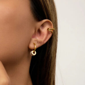 18K gold ear cuff and mini hoop earrings on model close-up ear view helix jewelry styling