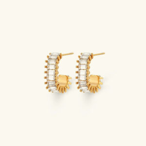18K gold baguette crystal hoop earrings front view flat lay with two-tone gold and silver finish