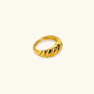 18K gold croissant ring with twisted ridged curved band front view on beige background, luxurious statement jewelry piece