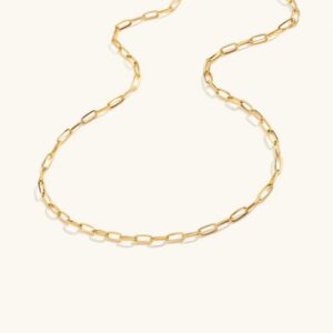 14k gold paperclip chain necklace flat lay overhead view showing polished uniform oval links on white background