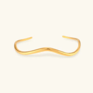 18K gold wavy open cuff bangle bracelet polished finish flat lay front view product shot