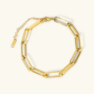 18K gold paperclip chain bracelet with rectangular link design, overhead flat lay view on white background, featuring adjustable extender chain