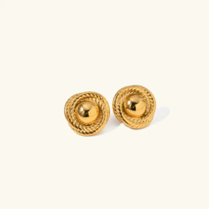 18K gold twisted rope stud earrings flat lay top view polished center classic design
