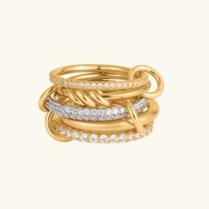 18K Gold Stacked Twisted Diamond Ring - Multi-band Luxury Design with Pavé Crystals