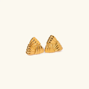 18K gold triangular ridged stud earrings flat lay front view on plain background showcasing solid gold tone woven texture design