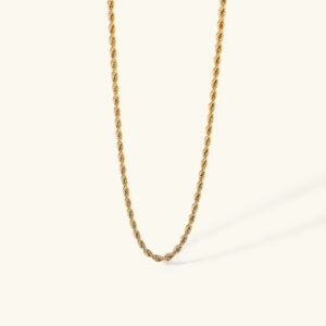 18K gold twisted rope chain necklace flat lay front view showcasing intricate rope texture and polished finish