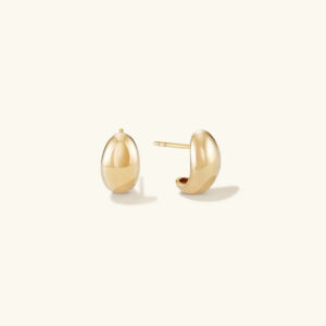 Minimalist 14k gold teardrop huggie earrings front flat lay view polished bean shape stud earrings