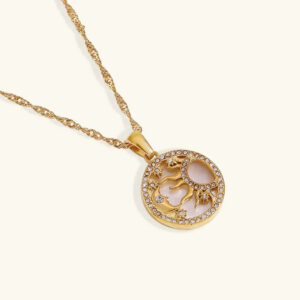 18K gold hollow sun moon pendant necklace with crystal accents and twisted gold chain front view