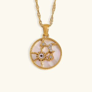 18K gold celestial coin pendant necklace with diamond simulants flat lay top-down view