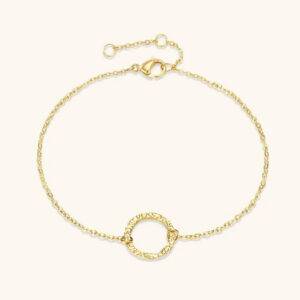14K gold hoop charm bracelet with fine cable chain and textured circular charm displayed on white background - top down flat lay view