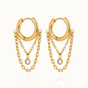 18K gold diamond drop hoop earrings front view flat lay with polished gold finish and clear zircon charm