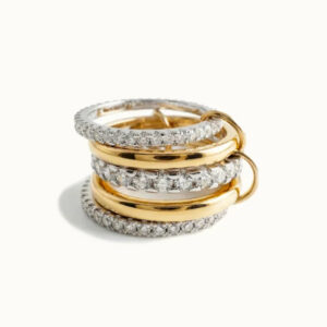 18K gold two-tone stacked diamond ring front flat lay view with dual-tone metal design and pavé-set AAAAA diamond simulants on white background