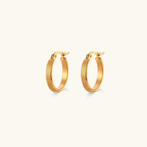 18K gold textured hoop earrings front view, showcasing ribbed surface design on neutral background