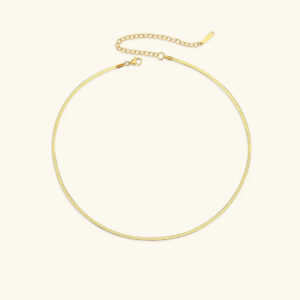 18K gold herringbone necklace 2mm width flat lay product shot showing intricate V-shaped chain link pattern