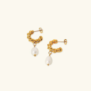 18K gold twisted pearl drop earrings with baroque freshwater pearls on white background, showcasing gold hoop design and teardrop pearl pendants