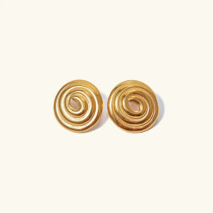 18K gold spiral stud earrings with hypnotic concentric pattern on white background