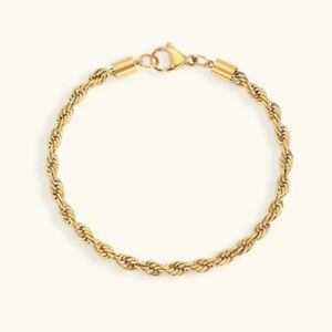 18K gold twisted rope chain bracelet flat lay top-down view showing polished gold tone and lobster claw clasp closure detail