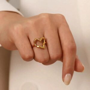 18K gold hollow heart ring close-up finger fit glossy metal detail