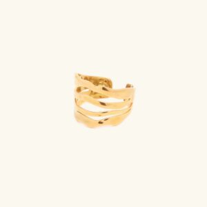 18K gold layered open cuff ring with multi-stripe wavy design, polished finish, flat lay product photography on neutral background