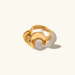 18K gold twisted ribbon ring with polished mirror finish, flat lay top view on neutral background showcasing elegant curved band design
