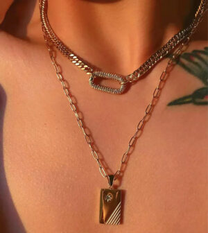 Gold diamond choker necklace worn on model showing close-up neck detail and two-layer chain styling