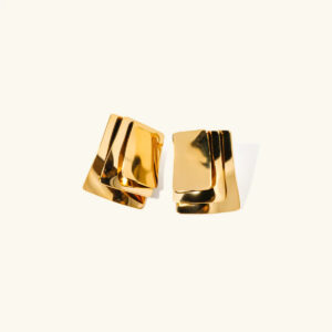 18K gold layered stud earrings with geometric square design flat lay front view polished finish