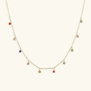 multicolor gemstone station necklace with 18K gold chain featuring rainbow colorful round gems and crystals