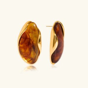 18K gold marbled gemstone stud earrings pair front view flat lay polished design