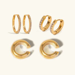 Complete 18K gold hoop earring trio bundle flat lay - three pairs of gold-toned hoops displayed showing minimalist diamond hoops, round diamond hoops, and chunky gold hoop styles
