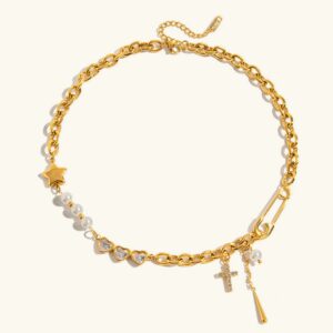 18K gold pearl diamond cross charm necklace flat lay overhead view with star charm heart CZ and pearl accents on neutral background