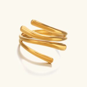 18K gold stackable spiral ring flat lay front view showing polished twisted band design on plain white background