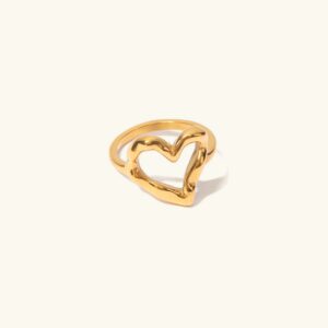 18K gold hollow heart ring front flat lay view polished finish studio