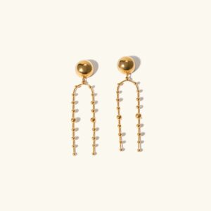 18K gold bead tassel drop earrings front view polished spherical stud with shimmering beaded arch on neutral background