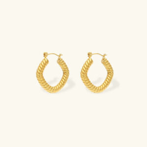 18K gold twisted square hoop earrings front view flat lay with plain background showcasing geometric design and rope texture details