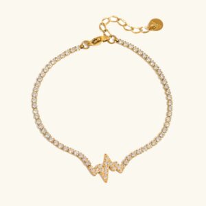 18K gold heartbeat ECG tennis bracelet flat lay view with diamond simulants and adjustable extension chain