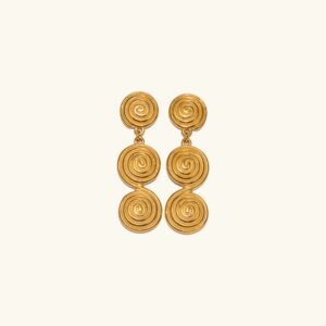 18K gold spiral drop earrings front view flat lay with triple circular discs forming infinity symbol design on plain background