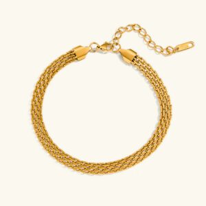 18K gold mesh anklet overhead flat lay view showing multi-strand twisted chain design with adjustable extension and lobster clasp