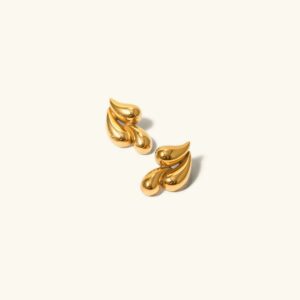 18K gold teardrop stud earrings flat lay photography showcasing polished dual-drop design and lustrous finish on plain white background