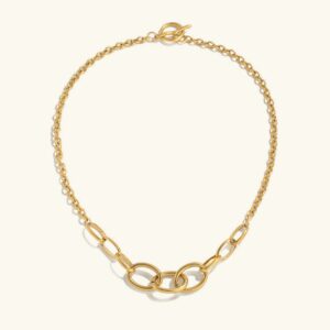 18K gold mixed-link chain necklace with toggle clasp, flat lay top-down view on neutral background, polished gold finish with oval and round chain links
