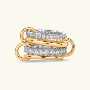 18K gold stacked diamond ring flat lay top view, dual-tone two-band design with pavé diamond simulants, yellow gold and silver contrast