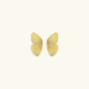 18K gold butterfly stud earrings front view flat lay with radiant striped pattern and glossy finish on white background