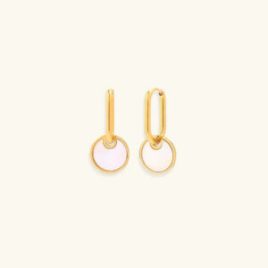 18K gold shell drop hoop earrings front flat lay view with round white mother-of-pearl charms and geometric gold hoops