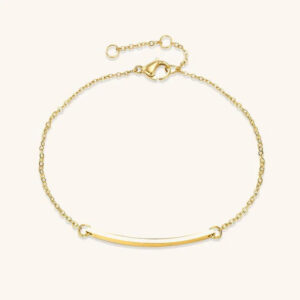 14k gold bar bracelet flat lay front view showing curved polished bar with thin cable chain and adjustable extension