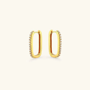 18K gold pavé rectangular hoop earrings with cubic zirconia studs, front flat lay view on white background