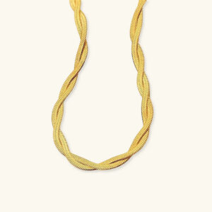 18K gold twisted chain necklace flat lay overhead view showing detailed herringbone pattern and warm gold tone